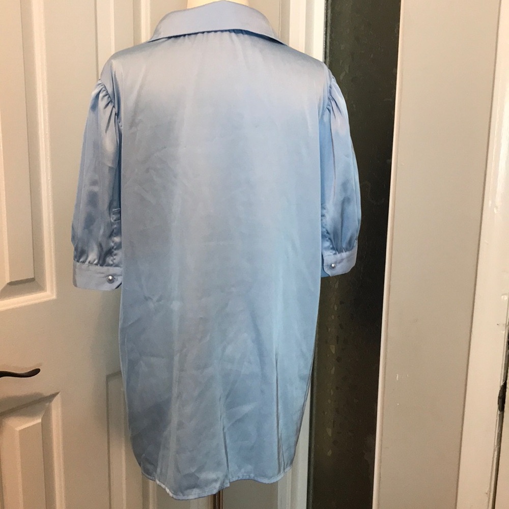 NWOT~ Puff Sleeve Baby Blue Satin Button-Up Blouse - Picture 4 of 7
